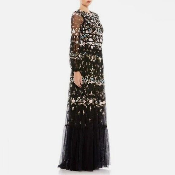 Mac Duggal Black Multicolor Embroidered Long Sleeve Dress - Picture 3 of 8